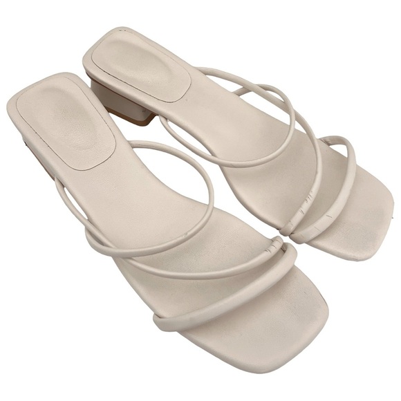 Leather Off-White Ivory Strappy Block Heel Square Toe Sandals Shoes - Picture 3 of 12